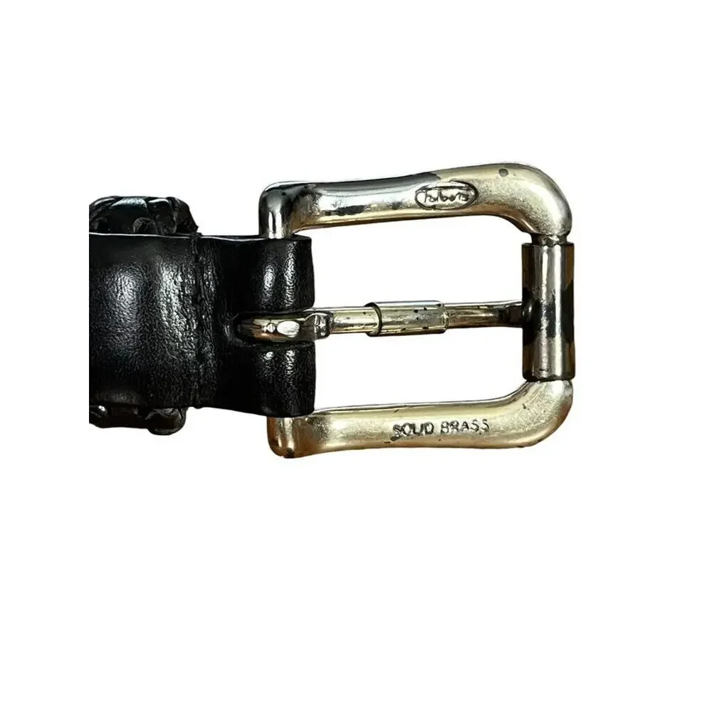 Talbots Womens Black Woven Leather Adjustable Belt Solid Brass Buckle XL 36-41
